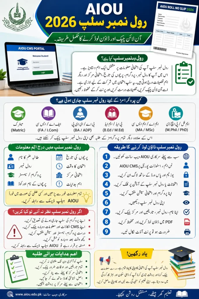 AIOU Roll No Slip 2026 Download BA, FA, MA & MSc Slip from CMS Portal