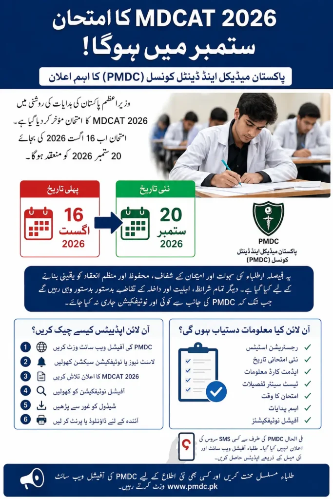 MDCAT 2026 Delayed to September PMDC Announces New Exam Date