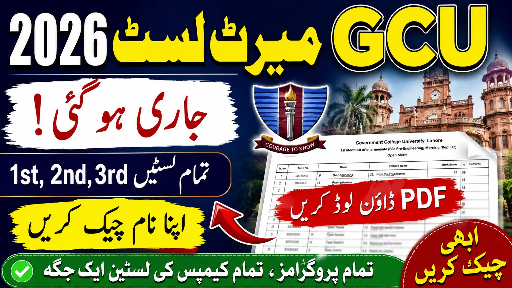 GCU Merit List 2026 Released Download 1st, 2nd & 3rd PDF